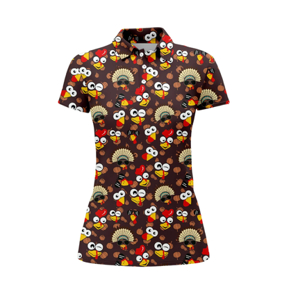 Funny Turkey Pumpkin Women's Brown Golf Polo Shirt, Thanksgiving Golf Shirts For Women GZ0456