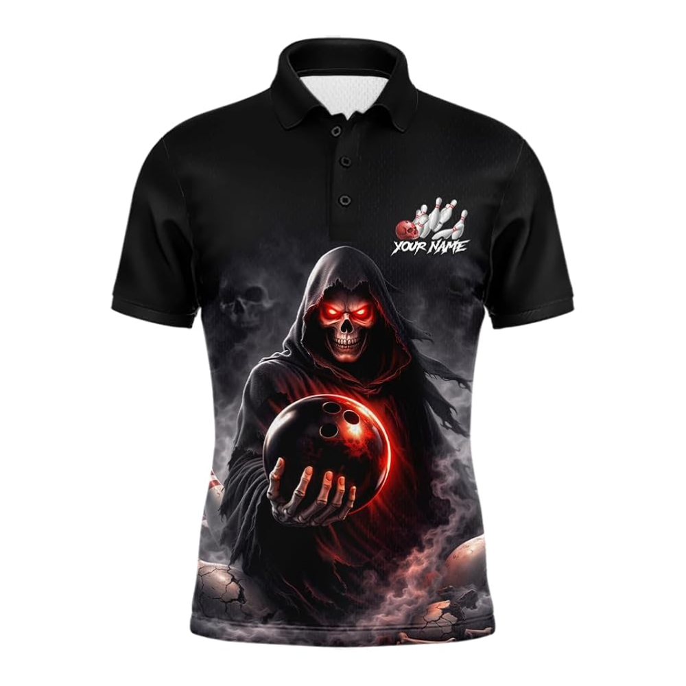 Custom Skull Black Bowling Polo Shirt For Men, Custom Skull Bowling Team Shirt BZ0942