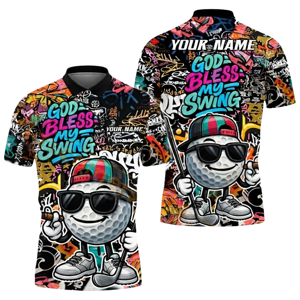 God Bless My Swing Custom Funny Golf Ball Graffiti Men's Golf Polo Shirt, Custom Graffiti Golf Team Shirts GZ0325