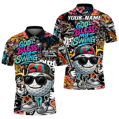 God Bless My Swing Custom Funny Golf Ball Graffiti Men's Golf Polo Shirt, Custom Graffiti Golf Team Shirts GZ0325