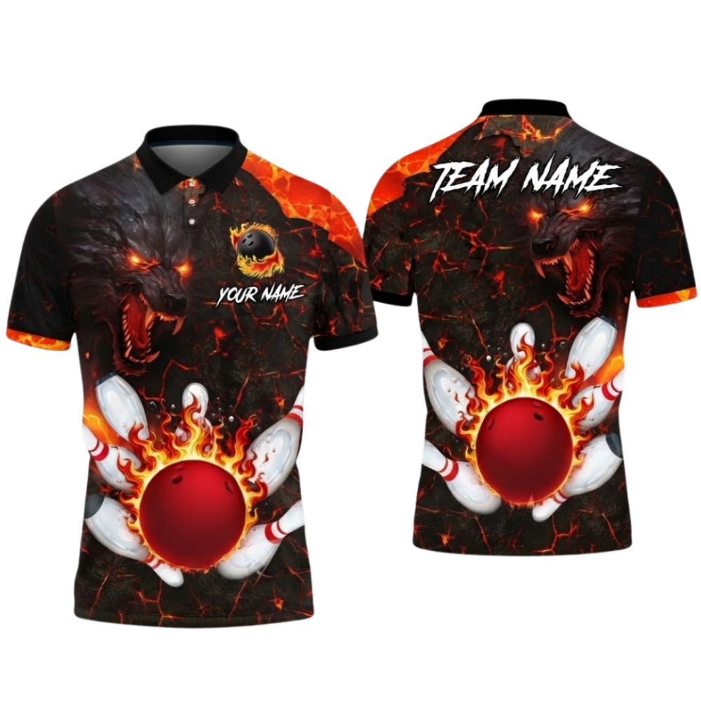 Custom Wolf Flame Magma Bowling Mens Polo Shirt, Custom Wolf Bowling Shirt Team BZ0655