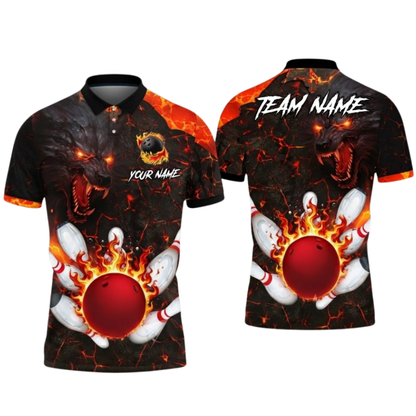 Custom Wolf Flame Magma Bowling Mens Polo Shirt, Custom Wolf Bowling Shirt Team BZ0655