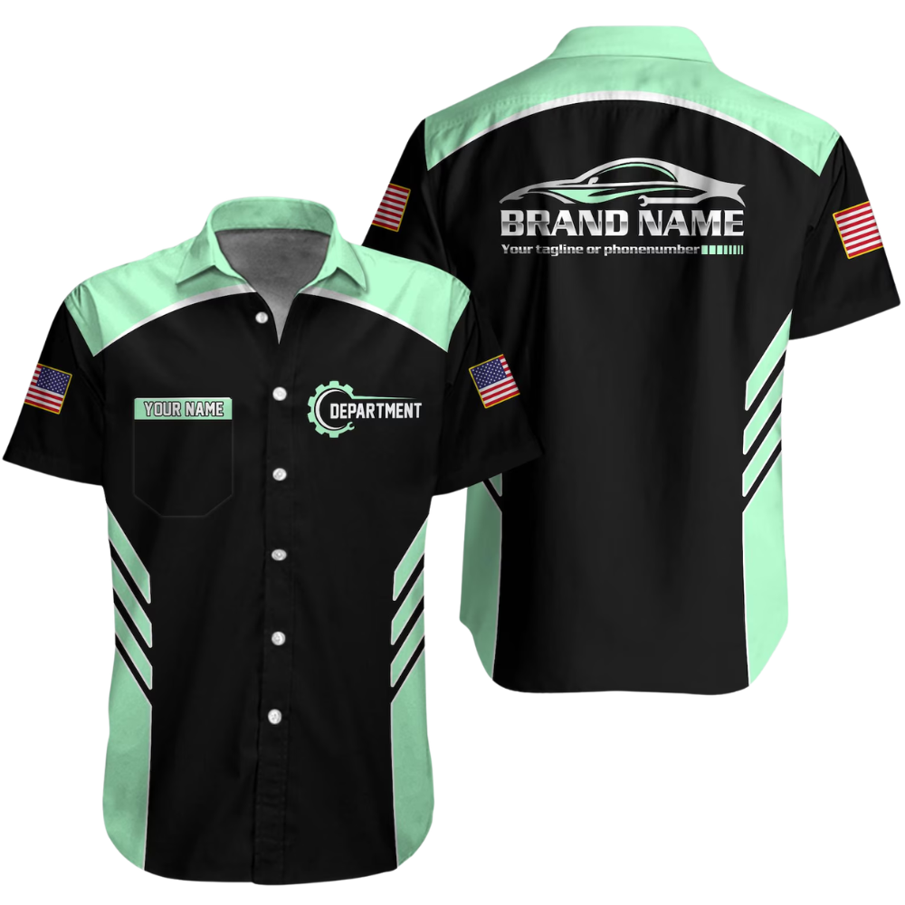 Personalized Racing Team Workwear Button Hawaiian Shirt Men, Custom Mechanic Uniform Shirts For Company HE0379