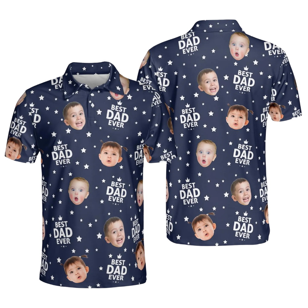 Custom Kid Faces Mens Best Dad Ever Navy Golf Polo Shirt, Custom Photo Father's Day Golf Shirts GE0479