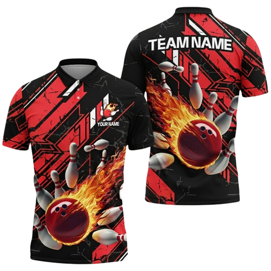 Custom Flaming Ball Bowling Polo Mens Shirt Red Black, Custom Flame Bowling Team Shirts BZ0691