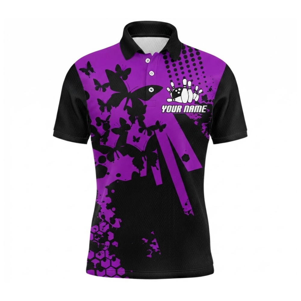 Custom Butterfly Mens Bowling Polo Shirt Purple And Black, Custom Butterfly Bowling Shirts For Team BZ0518
