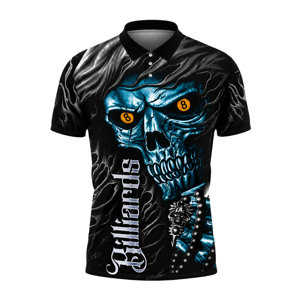 Custom Skull Black Cyan Billiard Polo Shirts for Men, Custom Skull Billiard Shirts BIZ0309