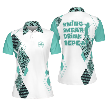 Swing Swear Drink Repeat Custom Leopard Black Pink Golf Polo Shirt Ladies, Custom Funny Golf Shirt For Women GE0601