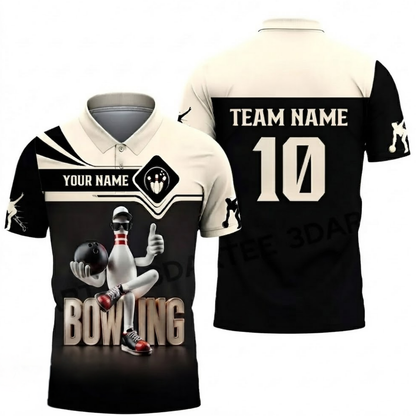 Custom Funny Pin Bowling Mens Polo Shirt, Custom Team Black Beige Bowling Shirts BZ0548