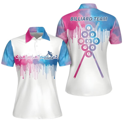 Custom Team Blue Pink Water Color Women's Billiard Polo Shirt, Custom Billiard Shirts For Ladies BIZ0228