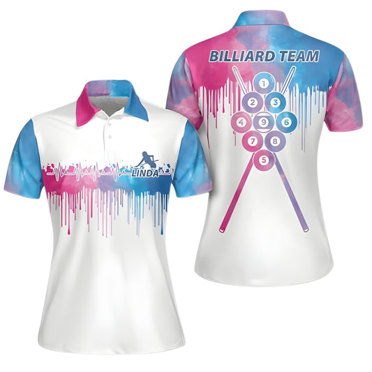 Custom Team Blue Pink Water Color Women's Billiard Polo Shirt, Custom Billiard Shirts For Ladies BIZ0228