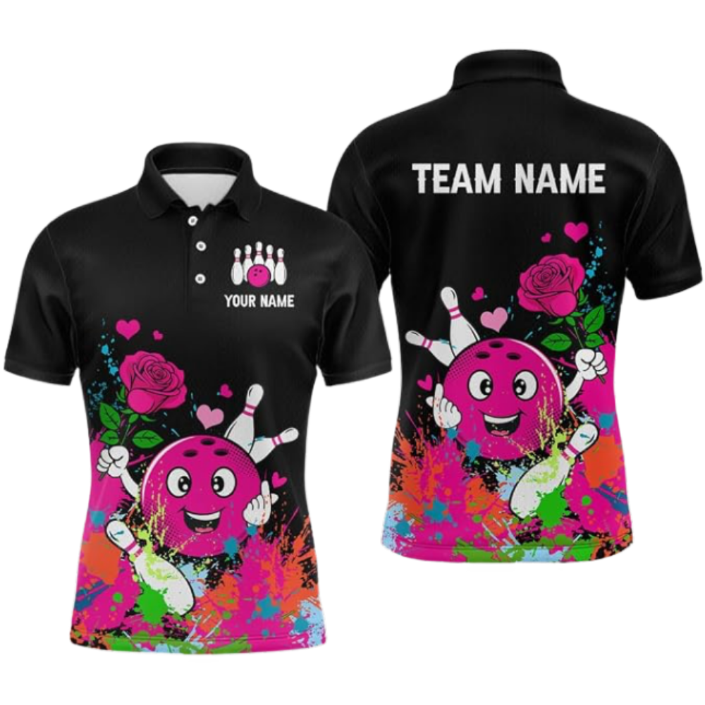 Custom Rose Funny Ball Mens Bowling Polo Shirt, Custom Flower Bowling Shirts Team BZ0675