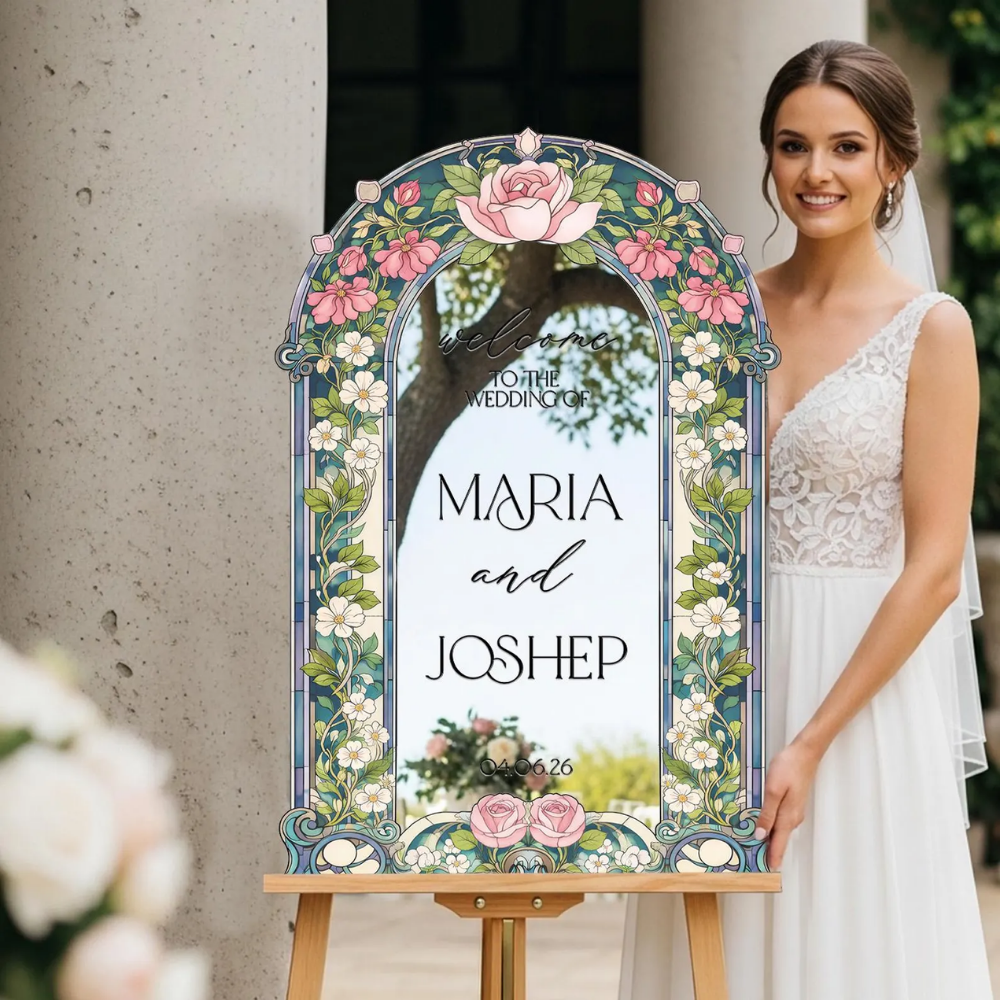 Custom Flower Stained Glass Wedding Welcome Acrylic Mirror Sign, Custom Floral Stained Glass Sign For Wedding WD0728