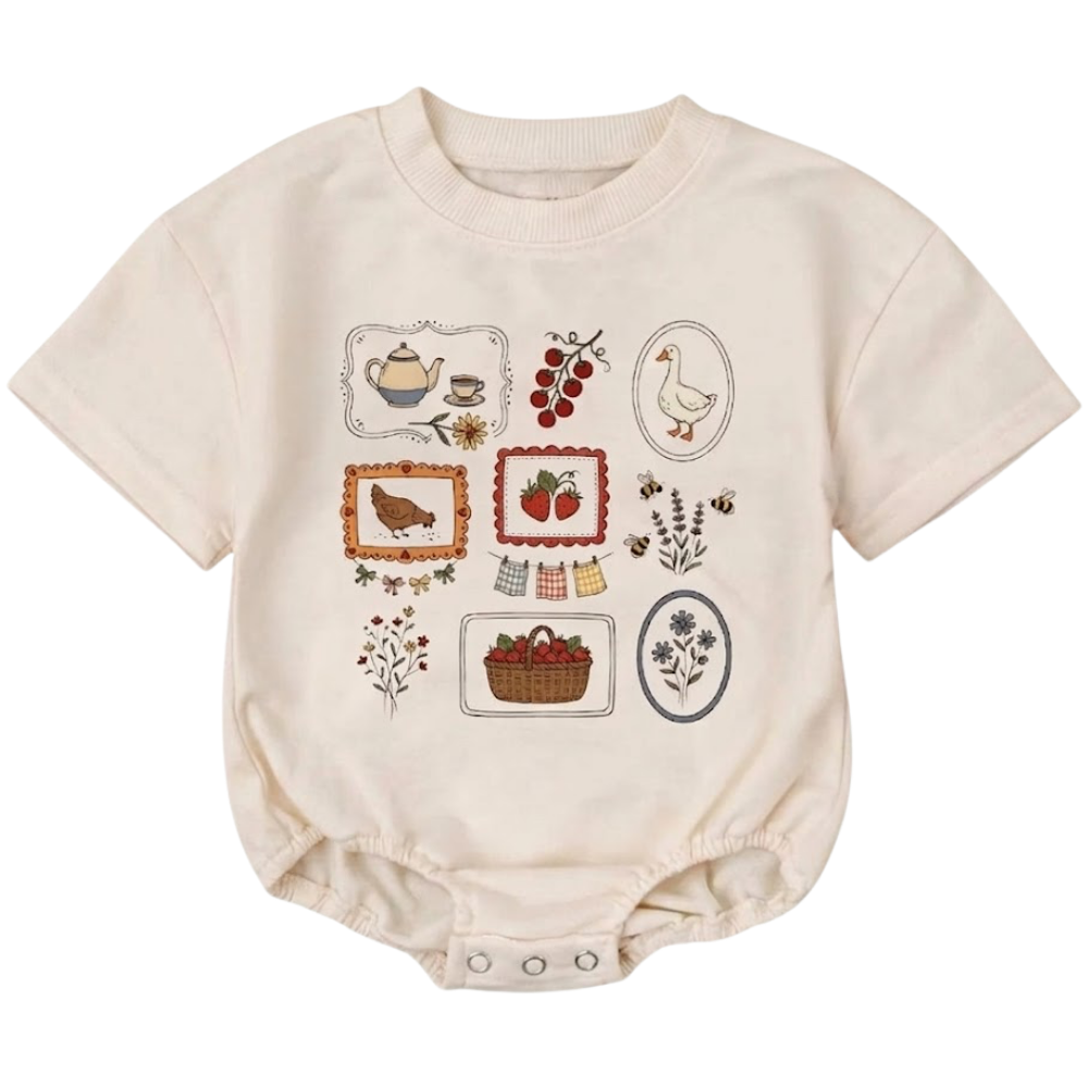 Strawberry Chicken Goose Floral Baby T Shirt Romper, Vintage Garden Baby Romper BB0208