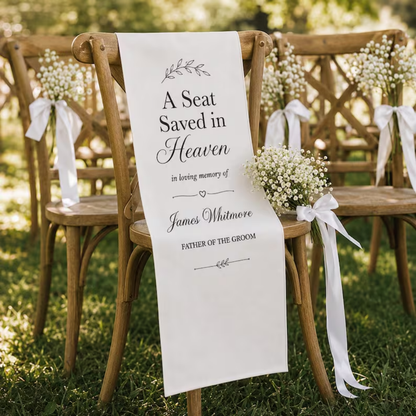 A Seat Saved In Heaven In Loving Memory Custom Wedding Chair Sign, Personalized Memorial Wedding Chair Banner WD0472
