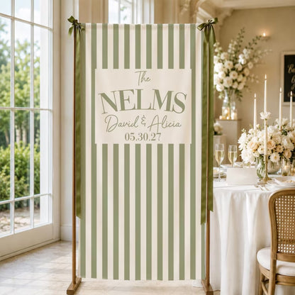 Custom Couple Name And Date Fabric Wedding Welcome Sign Green Striped, Personalized Linen Wedding Welcome Sign WD0914