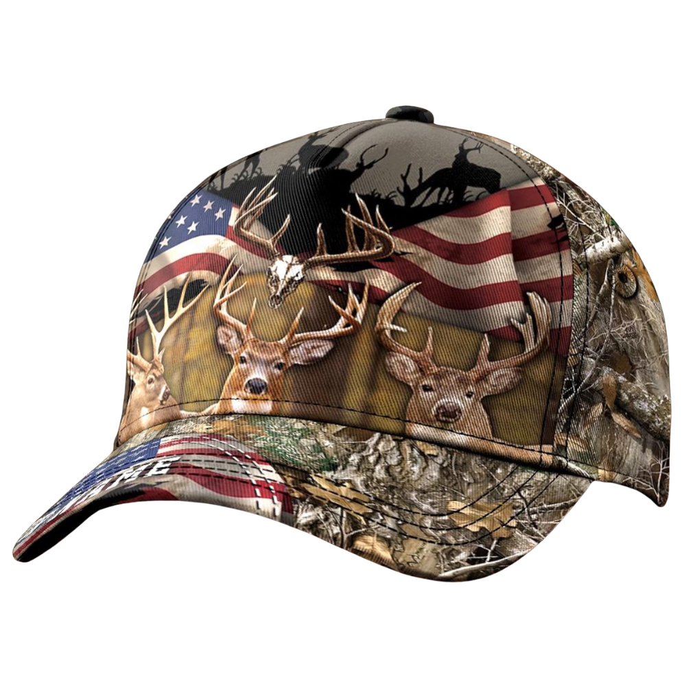 Deer Hunting American Flag Custom Name Baseball 3D Printed Cap, Personalized Deer Patriotic Cap For Hunter CP0536