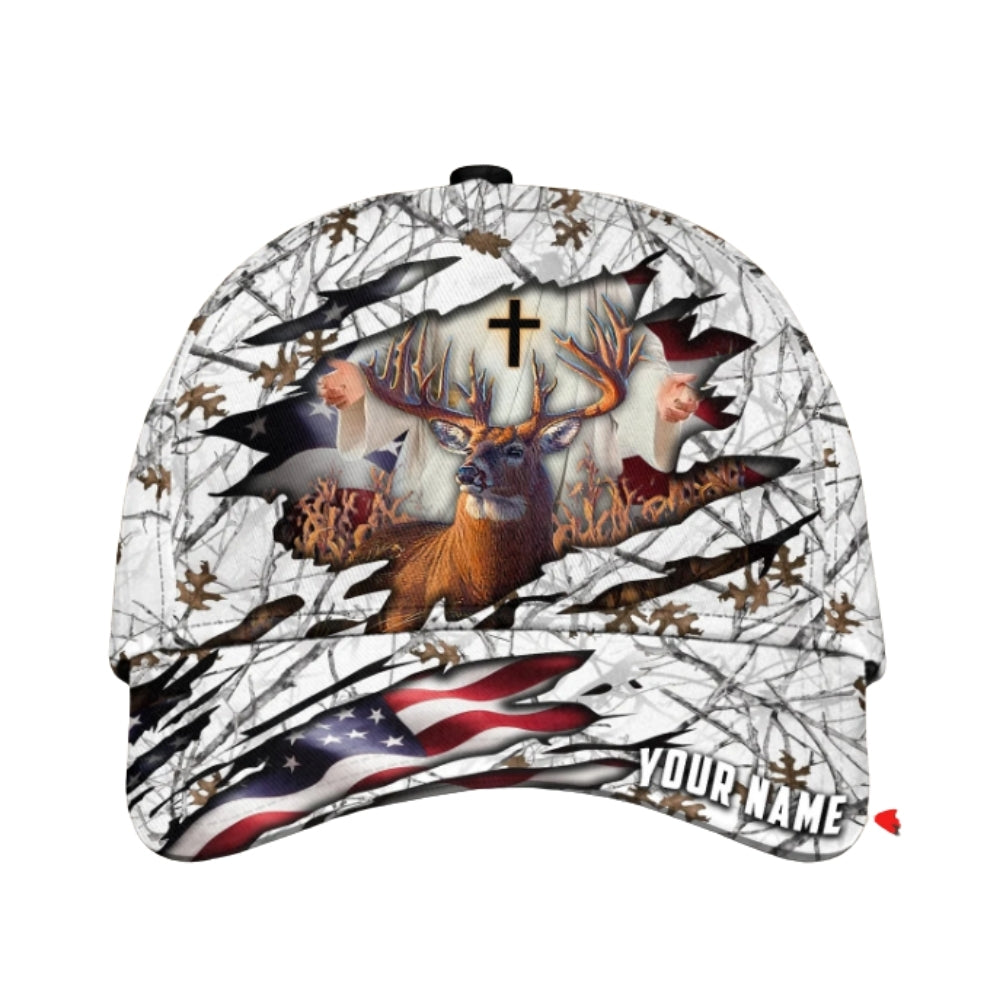 Custom Deer Hunting God American Flag Cap, Custom Deer Hunting God Baseball Cap CP0336