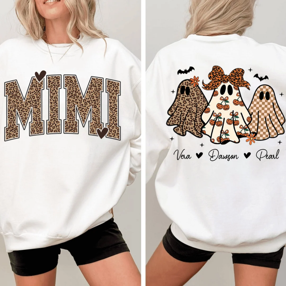 Custom Mimi Ghost Halloween Sweatshirt With Grandkids Names, Custom Halloween Sweatshirt For Grandmother 2D1018
