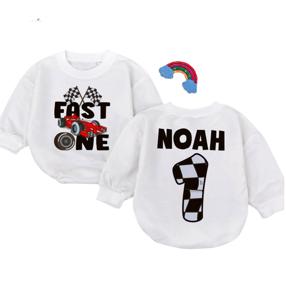 Custom Fast One Birthday Baby Romper Sweatshirt, Custom Racing 1st Birthday Romper Sweatshirt For Baby BB0476