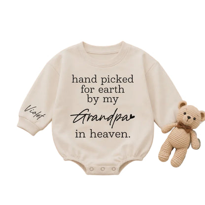 Hand Picked For Earth By My Grandpa In Heaven Custom Baby Romper Sweatshirt, Custom Grandpa Memorial Romper Sweatshirt For Baby BB0941