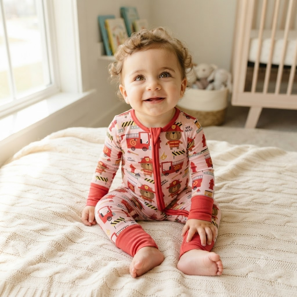 Firefighter Bear Red Baby Convertible Zippy Romper, Firefighter Baby Romper Convertible BB0894