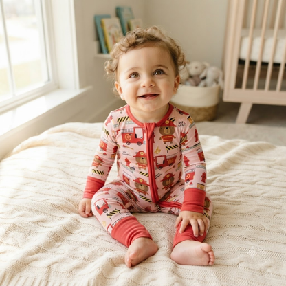 Firefighter Bear Red Baby Convertible Zippy Romper, Firefighter Baby Romper Convertible BB0894