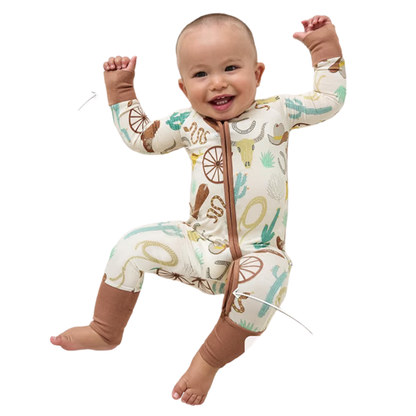 Western Brown Baby Romper Zipper Convertible, Western Country Baby Convertible Romper BB0430
