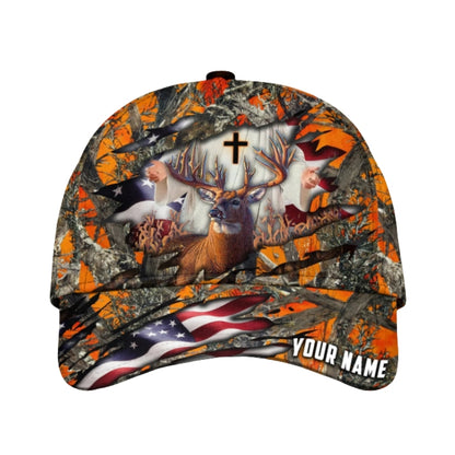 Custom Deer Hunting God American Flag Cap, Custom Deer Hunting God Baseball Cap CP0336