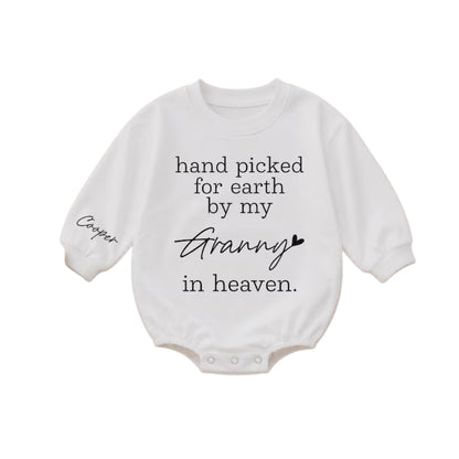 Hand Picked For Earth By My Grandpa In Heaven Custom Baby Romper Sweatshirt, Custom Grandpa Memorial Romper Sweatshirt For Baby BB0941