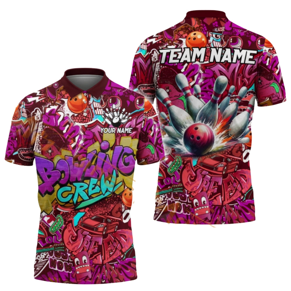 Custom Graffiti Bowling Crew Polo Shirt For Men, Custom Graffiti Bowling Team Shirts BZ0354