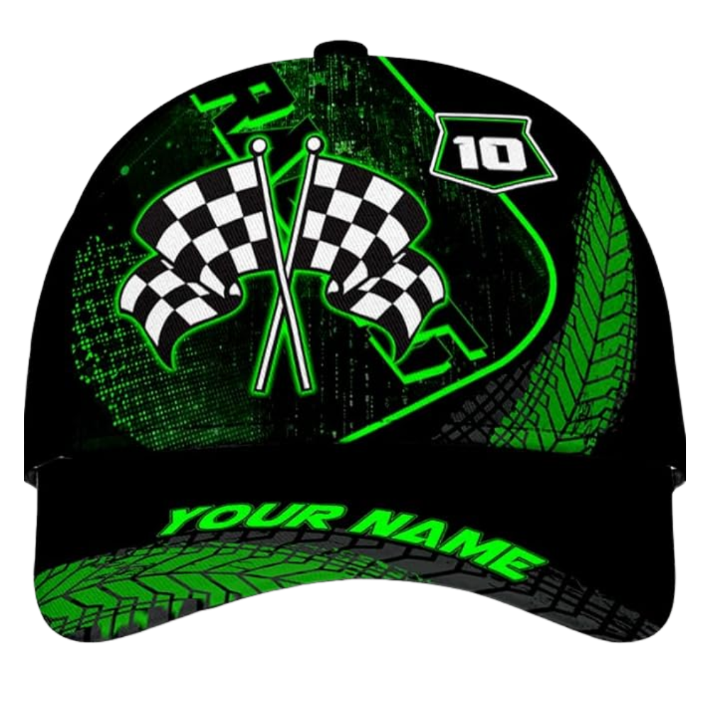 Custom Checkered Flag Black Green Motocross Baseball Cap, Custom Name Dirt Bike Hat CP0513