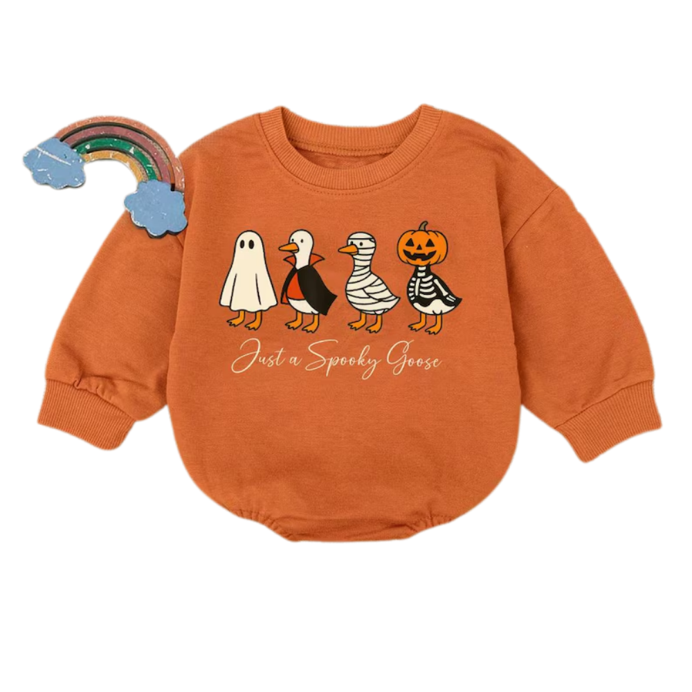 Just A Spooky Goose Halloween Baby Romper Sweatshirt, Funny Goose Baby Romper Sweater For Halloween BB0477