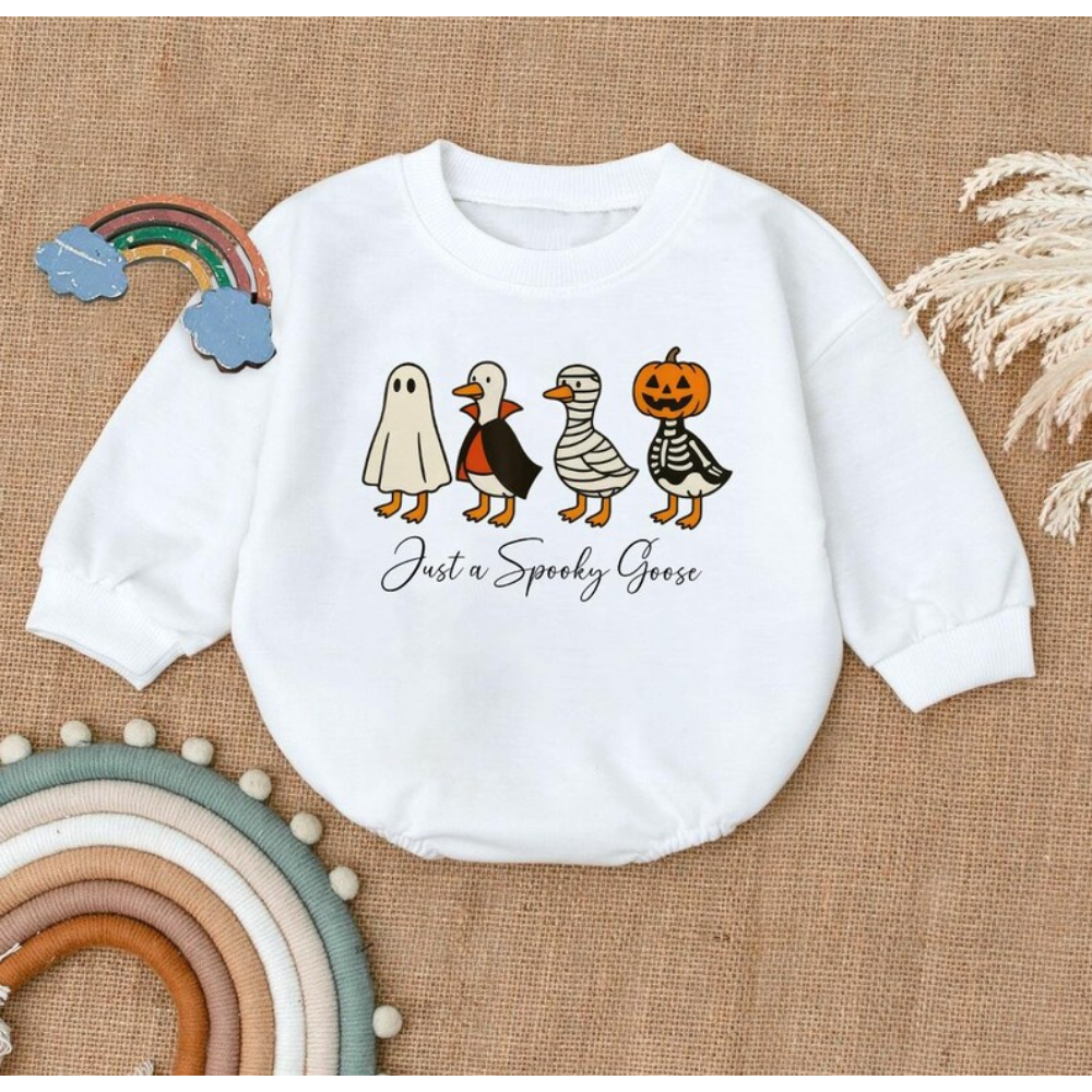 Just A Spooky Goose Halloween Baby Romper Sweatshirt, Funny Goose Baby Romper Sweater For Halloween BB0477