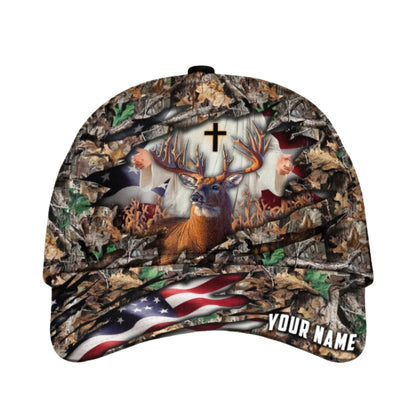 Custom Deer Hunting God American Flag Cap, Custom Deer Hunting God Baseball Cap CP0336