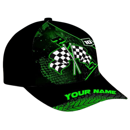 Custom Checkered Flag Black Green Motocross Baseball Cap, Custom Name Dirt Bike Hat CP0513