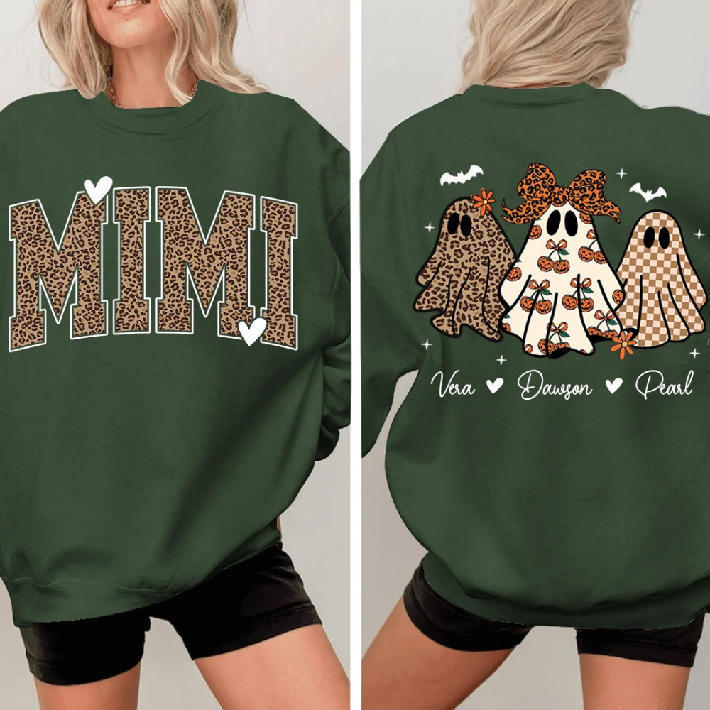 Custom Mimi Ghost Halloween Sweatshirt With Grandkids Names, Custom Halloween Sweatshirt For Grandmother 2D1018