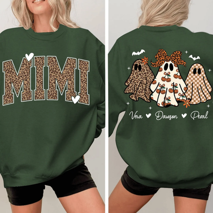 Custom Mimi Ghost Halloween Sweatshirt With Grandkids Names, Custom Halloween Sweatshirt For Grandmother 2D1018