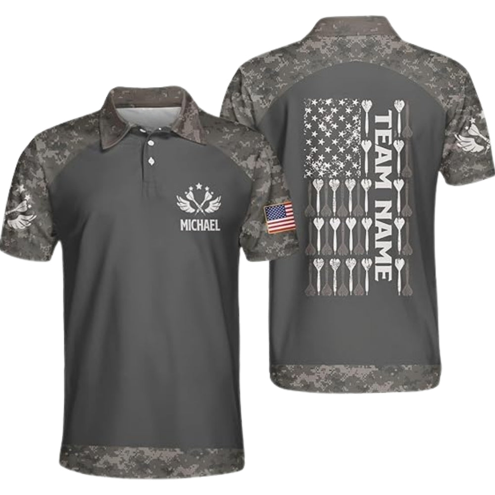 Custom Camo USA Flag Darts Polo Shirt For Mens, Custom Camouflage Darts Shirts Team DE0071