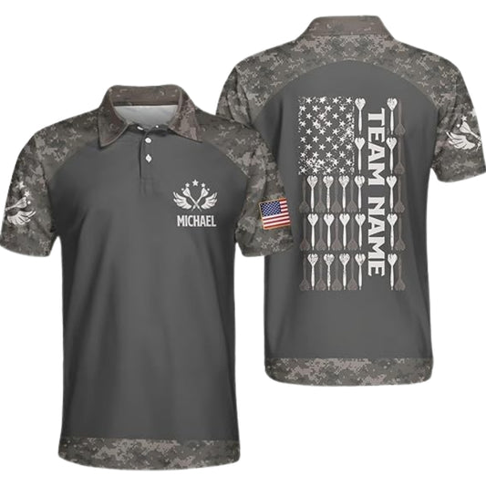 Custom Camo USA Flag Darts Polo Shirt For Mens, Custom Camouflage Darts Shirts Team DE0071