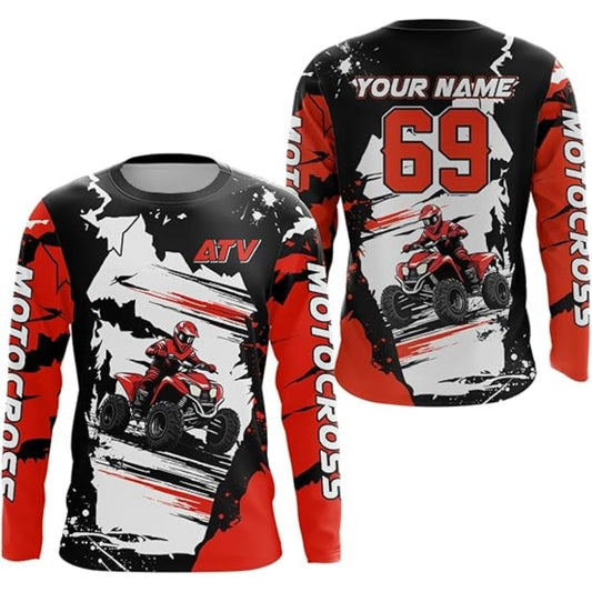 Custom Red ATV Motocross Long Sleeve Jersey Shirts Men, Custom ATV Shirts MZ0026