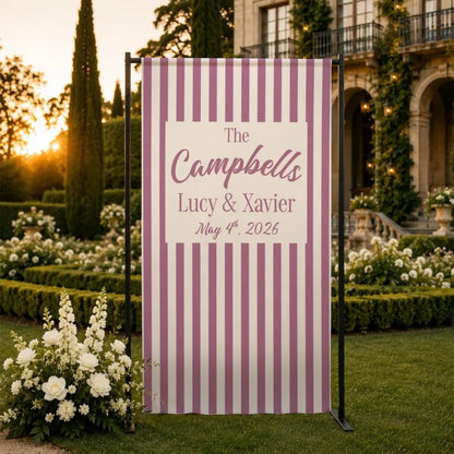 Custom Couple Name And Date Fabric Wedding Welcome Sign Green Striped, Personalized Linen Wedding Welcome Sign WD0914