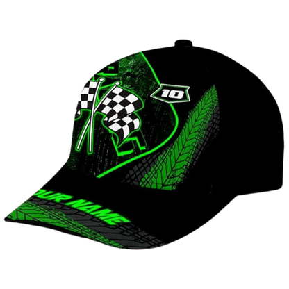 Custom Checkered Flag Black Green Motocross Baseball Cap, Custom Name Dirt Bike Hat CP0513