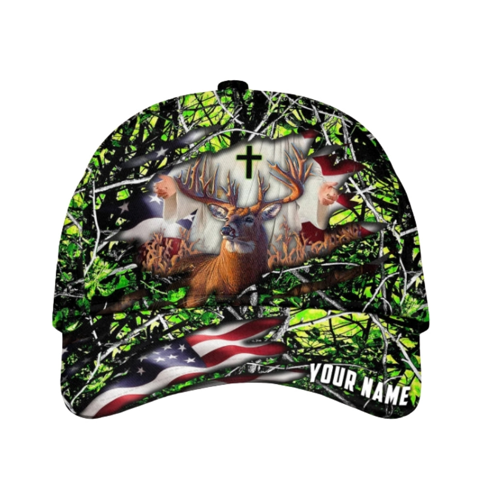 Custom Deer Hunting God American Flag Cap, Custom Deer Hunting God Baseball Cap CP0336
