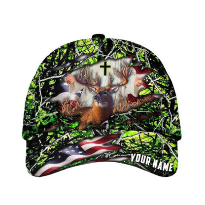 Custom Deer Hunting God American Flag Cap, Custom Deer Hunting God Baseball Cap CP0336