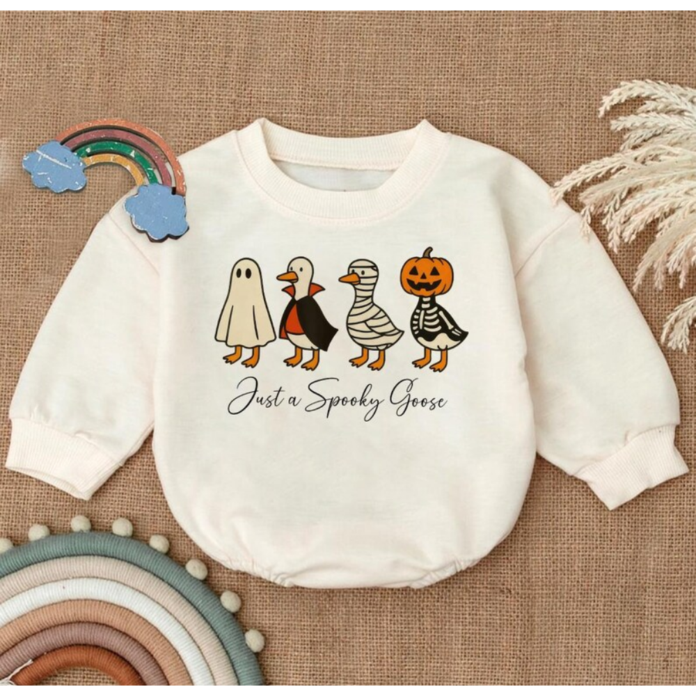 Just A Spooky Goose Halloween Baby Romper Sweatshirt, Funny Goose Baby Romper Sweater For Halloween BB0477