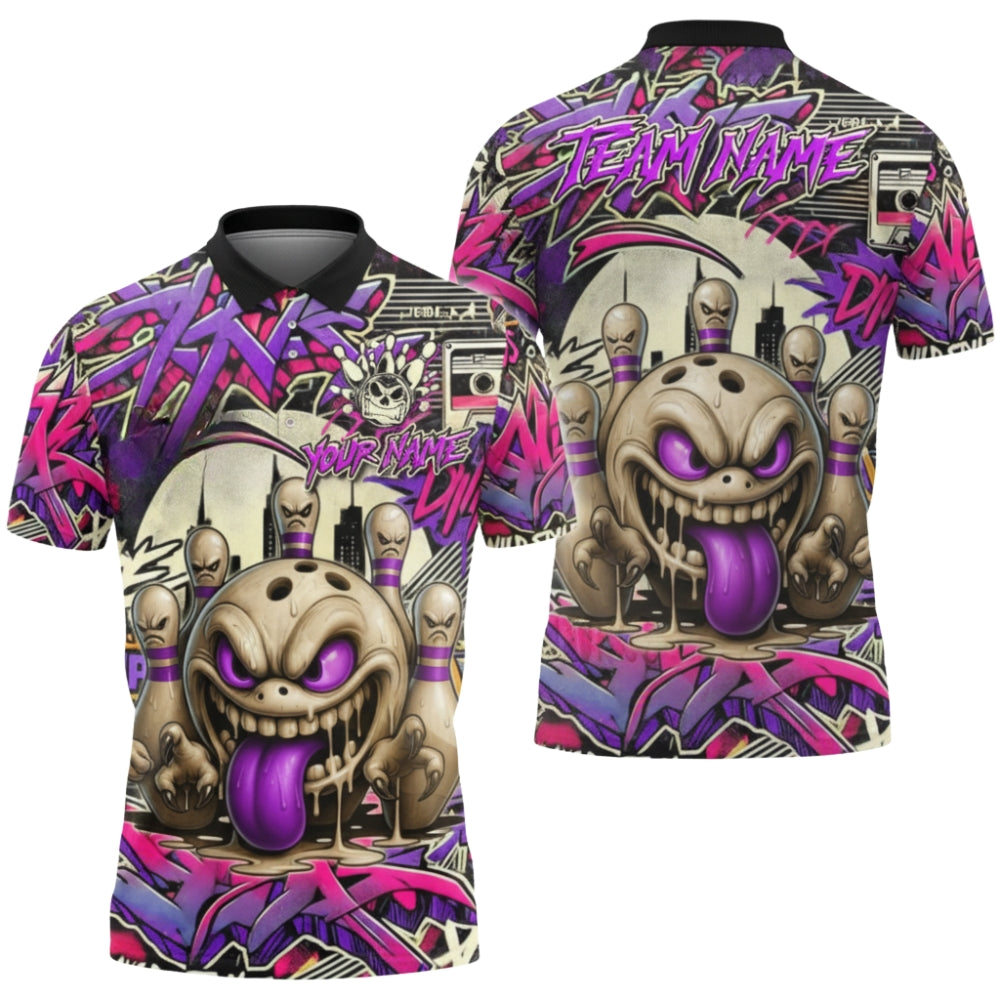 Custom Angry Pins and Ball Graffiti Bowling Polo Shirts Mens, Custom Graffiti Bowling Team Shirts BZ0355