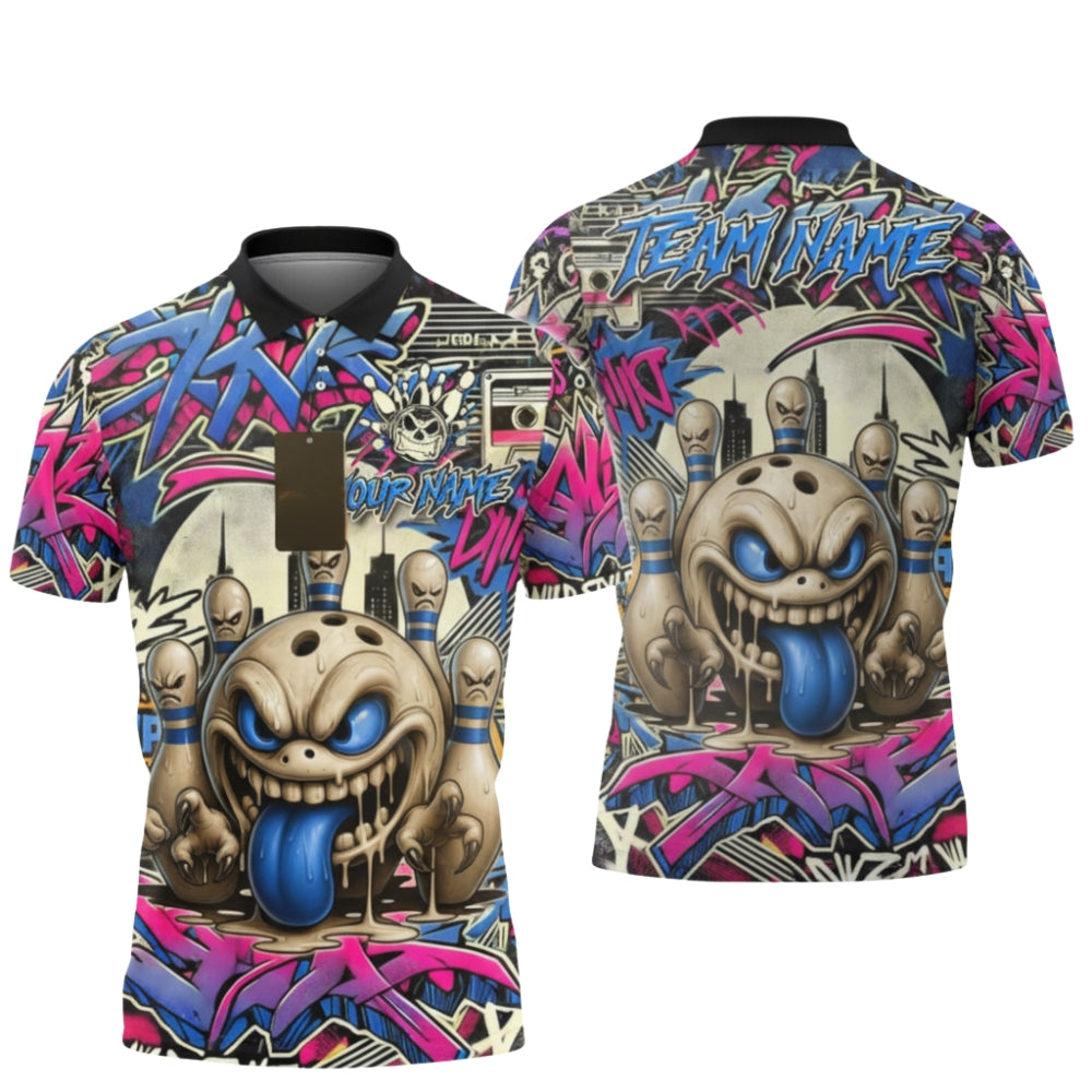 Custom Angry Pins and Ball Graffiti Bowling Polo Shirts Mens, Custom Graffiti Bowling Team Shirts BZ0355
