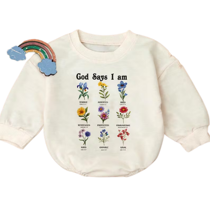 God Says I Am Floral Baby Romper Sweatshirt, Christian Baby Romper Sweater BB0478