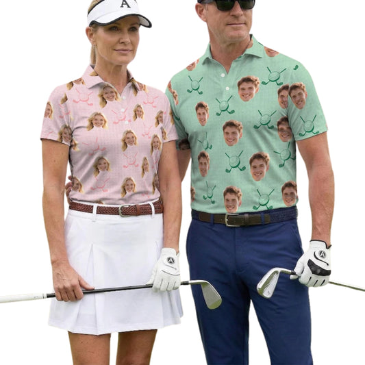 Custom Face Matching Men And Women Golf Polo Shirts, Custom Photo Golf Shirt For Couples GE0333